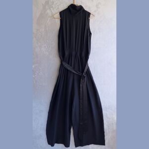 Vintage Black Sleeveless Jumpsuit Size 8 Crepe Silk Belted Sleeveless Wide Leg